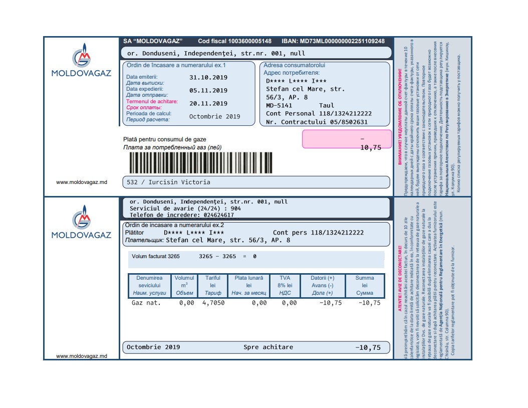 Moldova Moldovagaz utility bill template in Word and PDF format